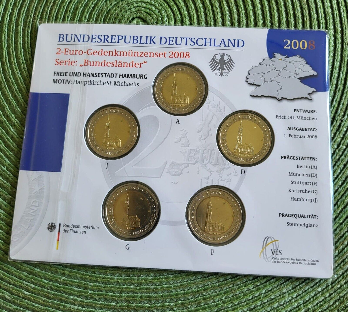 2 € Niemcy x5 Hamburg 2008 ADFGJ oficjalny unc