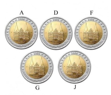2 € Niemcy x5 Szlezwik Holsztyn - Brama holsztyńska w Lubece 2006 ADFGJ