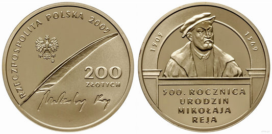200 zł Mikołaj Rej (1505-1569), 500. rocznica urodzin 2005