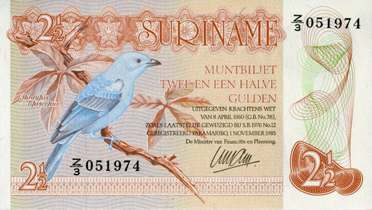 Surinam 2 i 1/2 guldena Ptak 1985 P-119a
