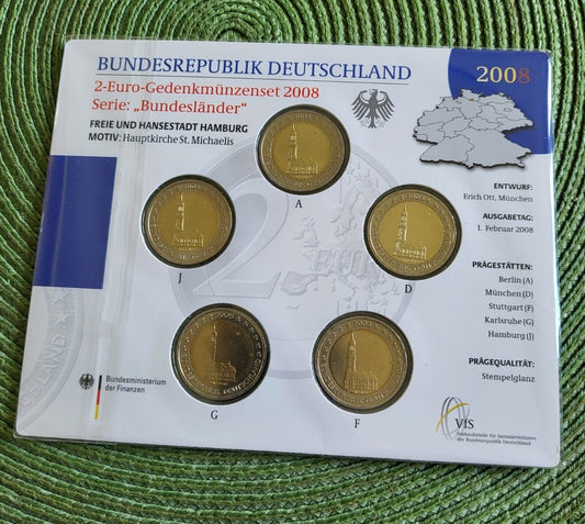 2 € Niemcy x5 Hamburg  2008 ADFGJ oficjalny unc