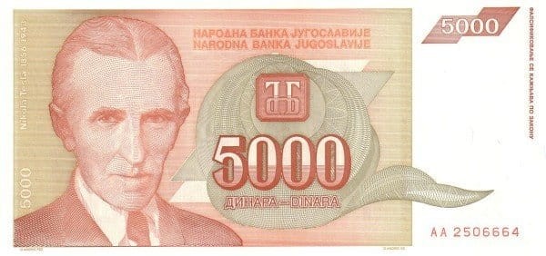 Jugosławia 5000 dinarów Tesla 1993 P-128