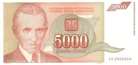 Jugosławia 5000 dinarów Tesla 1993 P-128