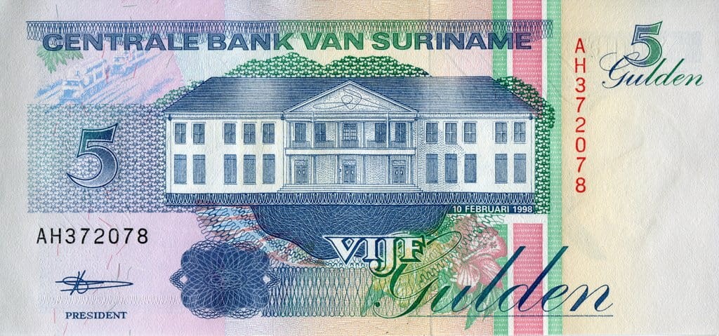 Surinam 5 guldenów Drwal i Tukan 1998 P-136b.3